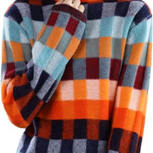 100% Merino Woolen Women's Clothing Sweater Fashion Checkerboard Plaid Top Knit Turtleneck Pullover Autumn Winter