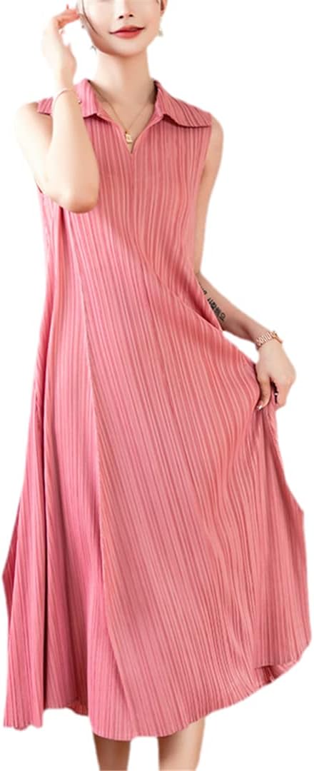 A-Line Dress Turn Down Collar Summer Dress Women Sleeveless Casual Loose Fashion Solid Pleated Miyak Dress Women's Clothing - Image 4