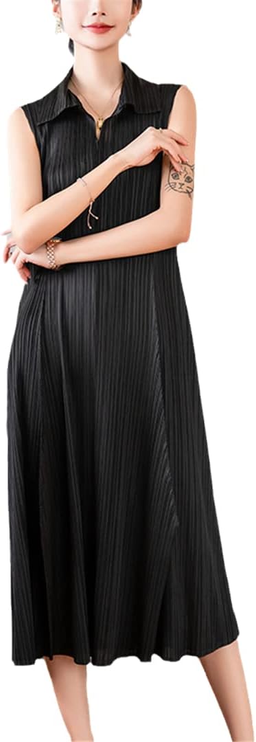A-Line Dress Turn Down Collar Summer Dress Women Sleeveless Casual Loose Fashion Solid Pleated Miyak Dress Women's Clothing - Image 3
