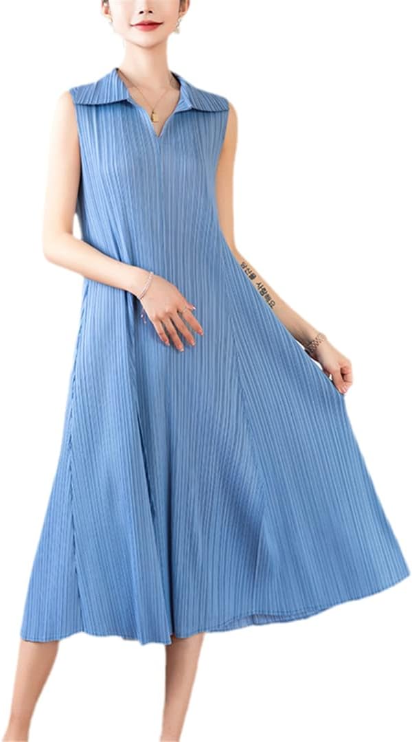 A-Line Dress Turn Down Collar Summer Dress Women Sleeveless Casual Loose Fashion Solid Pleated Miyak Dress Women's Clothing - Image 2
