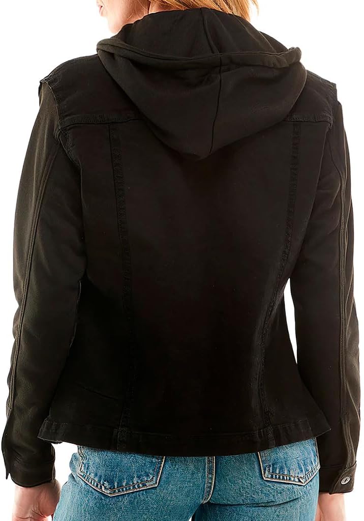 Amazing Ladies' Denim Jacket with Fleece Hoodie - Presents for Women - Fashion Women Clothing - Black, L