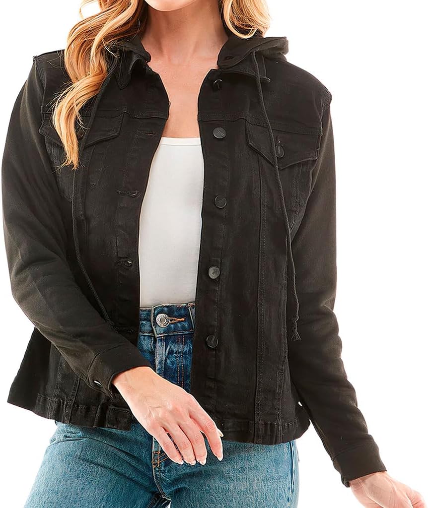 Amazing Ladies' Denim Jacket with Fleece Hoodie - Presents for Women - Fashion Women Clothing - Black, L - Image 2