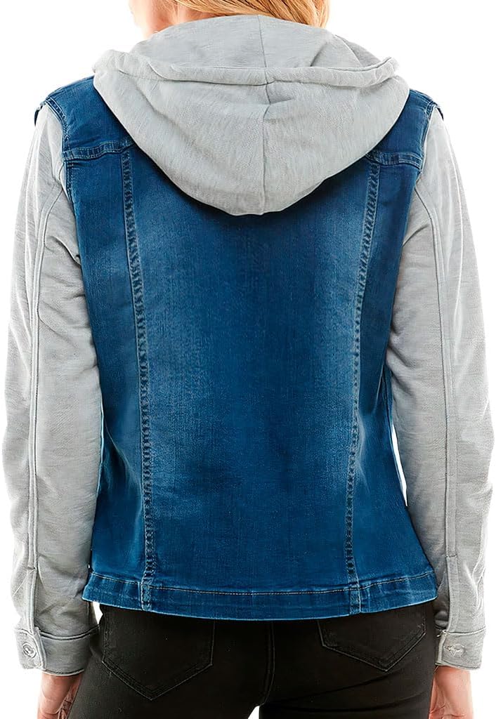 Amazing Ladies' Denim Jacket with Fleece Hoodie - Presents for Women - Fashion Women Clothing - Medium Washed, XL