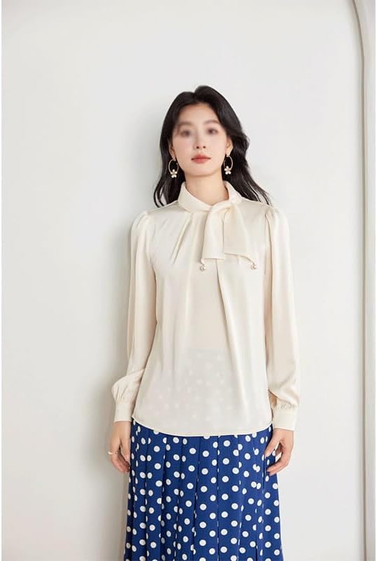 Bowknot Chiffon Shirt Women's Tops Small Shirt Women's Clothing Long Sleeve Women's Shirt(Beige,L) - Image 2