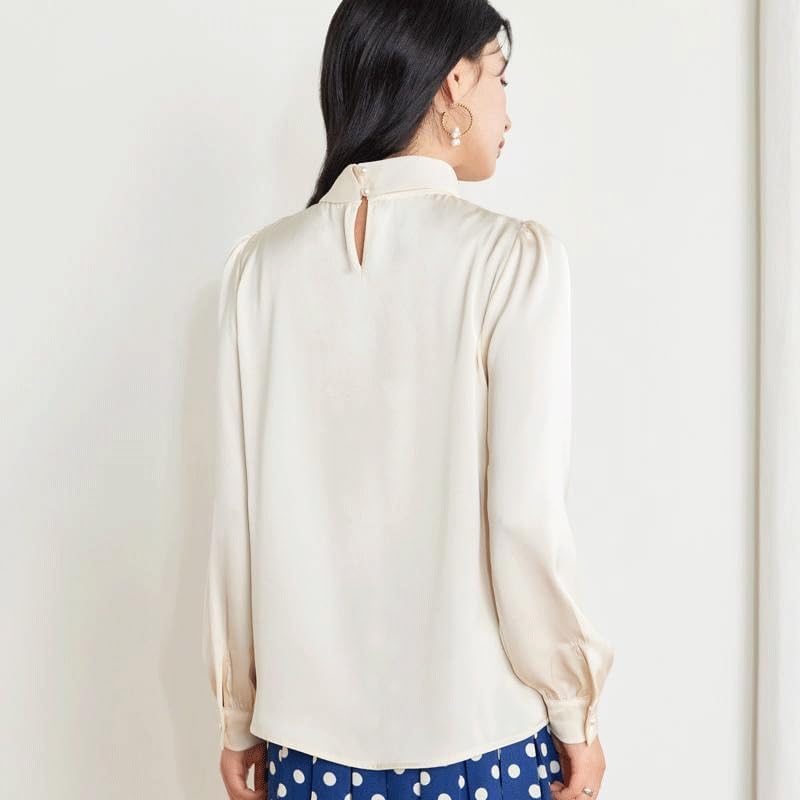 Bowknot Chiffon Shirt Women's Tops Small Shirt Women's Clothing Long Sleeve Women's Shirt(Beige,L) - Image 5