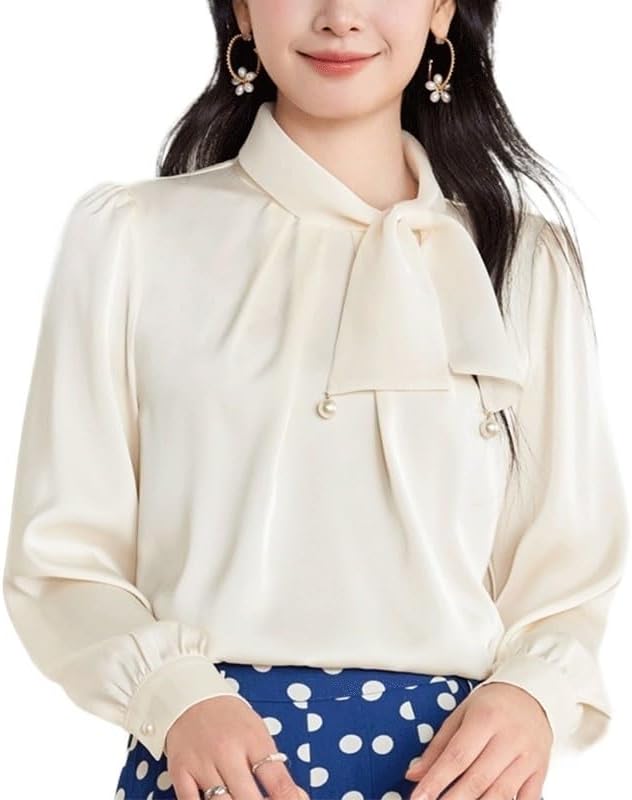 Bowknot Chiffon Shirt Women's Tops Small Shirt Women's Clothing Long Sleeve Women's Shirt(Beige,L)