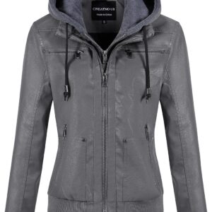 CREATMO US Women's Faux Leather Jacket Waterproof Motorcycle Bomber Jacket Vintage PU Moto Biker Coat With Removable Hood