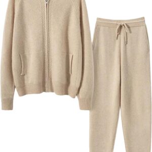Fashion Zipper Suit Winter Cashmere Knitted Sweater Women Cardigan and Pants Two-Piece Female Clothes