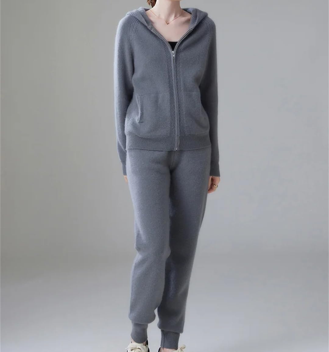 Fashion Zipper Suit Winter Cashmere Knitted Sweater Women Cardigan and Pants Two-Piece Female Clothes Gray - Image 7