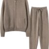 Fashion Zipper Suit Winter Cashmere Knitted Sweater Women Cardigan and Pants Two-Piece Female Clothes Gray