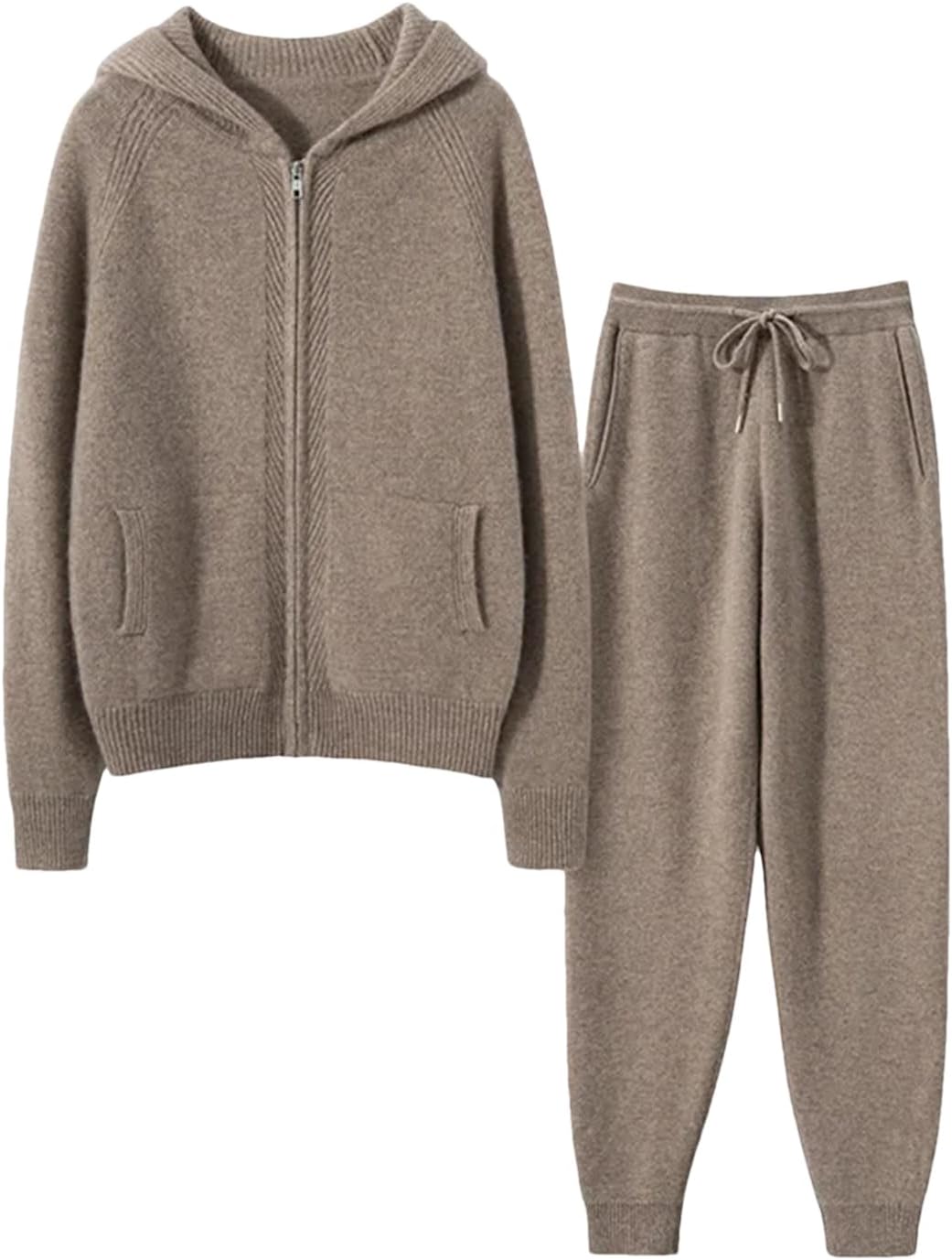 Fashion Zipper Suit Winter Cashmere Knitted Sweater Women Cardigan and Pants Two-Piece Female Clothes Gray