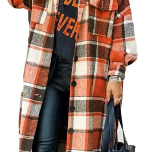 Himosyber Women's Casual Plaid Lapel Woolen Button Up Pocketed Long Shacket Coat