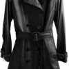 MARKHORN Women\u2019s Black Real Sheepskin Leather Lapel Collar Double Breasted Business Clothing Outfit Belted Trench Coat