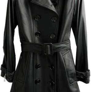 MARKHORN Women\u2019s Black Real Sheepskin Leather Lapel Collar Double Breasted Business Clothing Outfit Belted Trench Coat