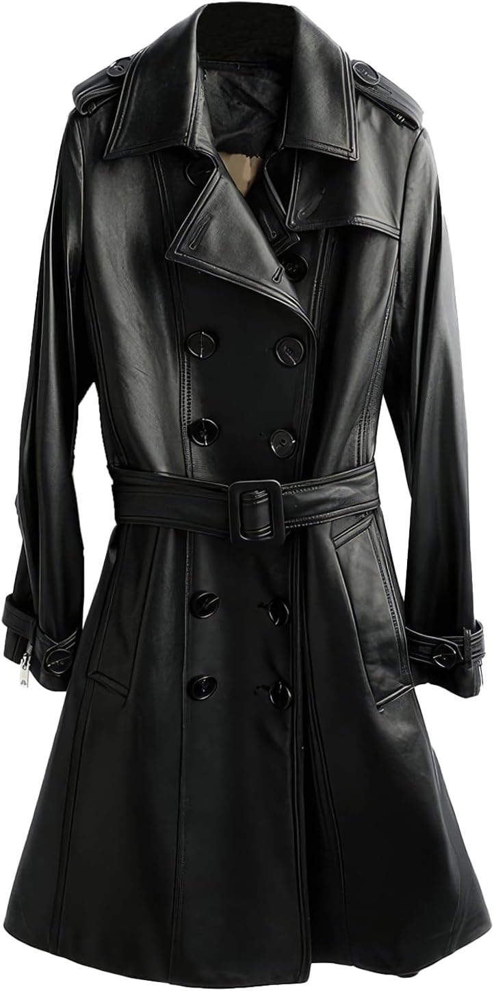 MARKHORN Women\u2019s Black Real Sheepskin Leather Lapel Collar Double Breasted Business Clothing Outfit Belted Trench Coat