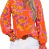MASCOMODA Womens V Neck Floral Long Sleeve Tops 2025 Summer Casual Loose Puff Sleeve Chiffon Boho Work Blouse Dressy T Shirts
