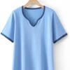 MVUYO Clothes Fashion Casual Ice Silk Knitted Tops Peach Collar Contrast Color Tee T-Shirt for Women(2X-Large)
