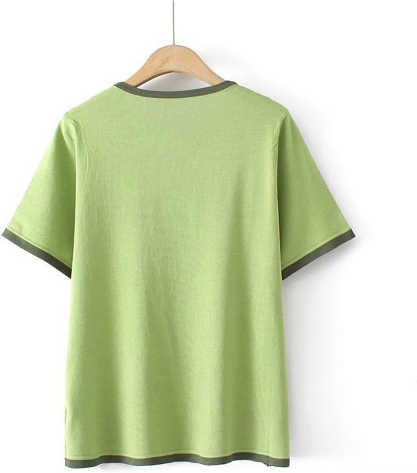 MVUYO T-Shirt for Women Clothes Fashion Casual Ice Silk Knitted Tops Peach Collar Contrast Color Tee(3XL) - Image 2