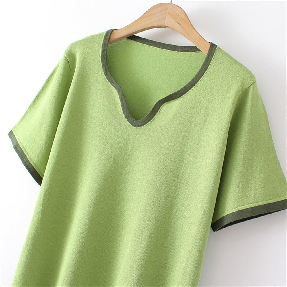 MVUYO T-Shirt for Women Clothes Fashion Casual Ice Silk Knitted Tops Peach Collar Contrast Color Tee(3XL) - Image 3