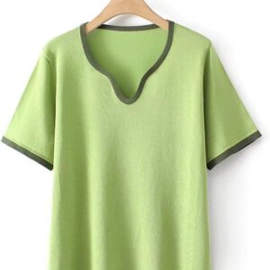 MVUYO T-Shirt for Women Clothes Fashion Casual Ice Silk Knitted Tops Peach Collar Contrast Color Tee(3XL)