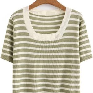 MVUYO Women Square Collar Stripe Tees Ice Silk Knit Short Sleeve Tops Oversized Curve Clothes Basic T-Shirt(2X-Large)