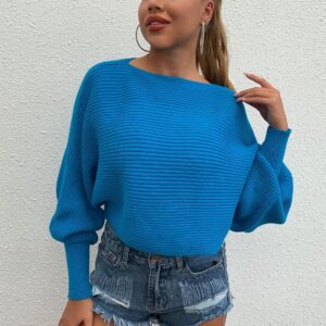 MyLantu Women's Sweater 2022 Dolman Sleeve Ribbed Knit Sweater Women's Clothing (Color : Blue, Size : Medium)