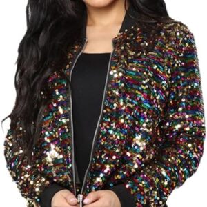 Sequin Bomber Jacket Women Glitter Fashion Long Sleeve Coat Zipper Cool Street Club Wear Spring Autumn Outwear Clothing