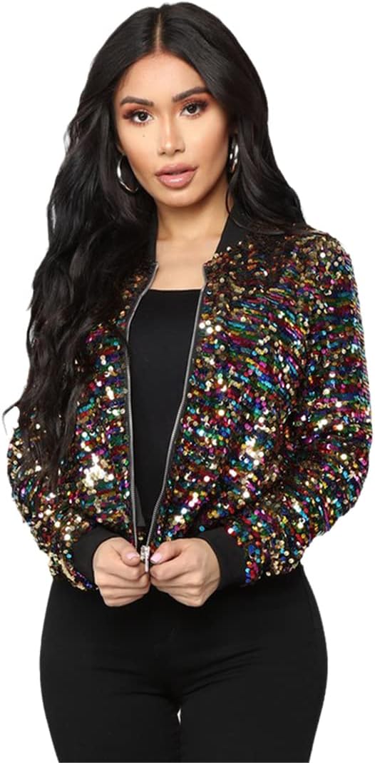Sequin Bomber Jacket Women Glitter Fashion Long Sleeve Coat Zipper Cool Street Club Wear Spring Autumn Outwear Clothing