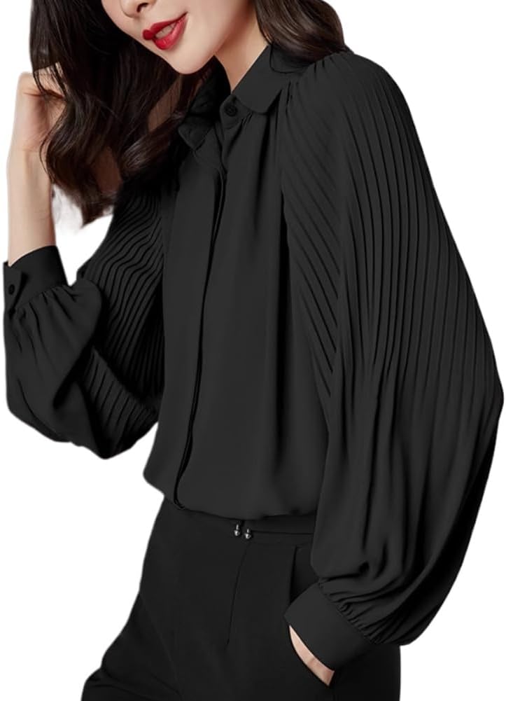 Shirt for Women Spring Clothes Black Chiffon Shirt Pleated Large Size top White Womens - Image 10