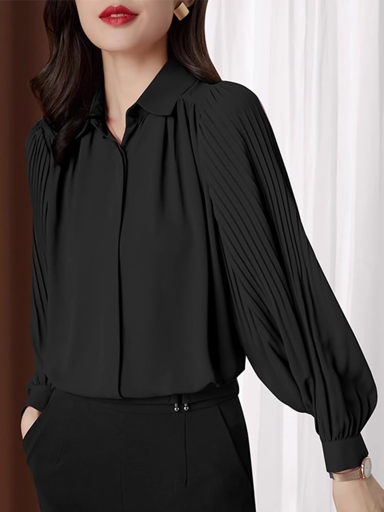 Shirt for Women Spring Clothes Black Chiffon Shirt Pleated Large Size top White Womens - Image 4