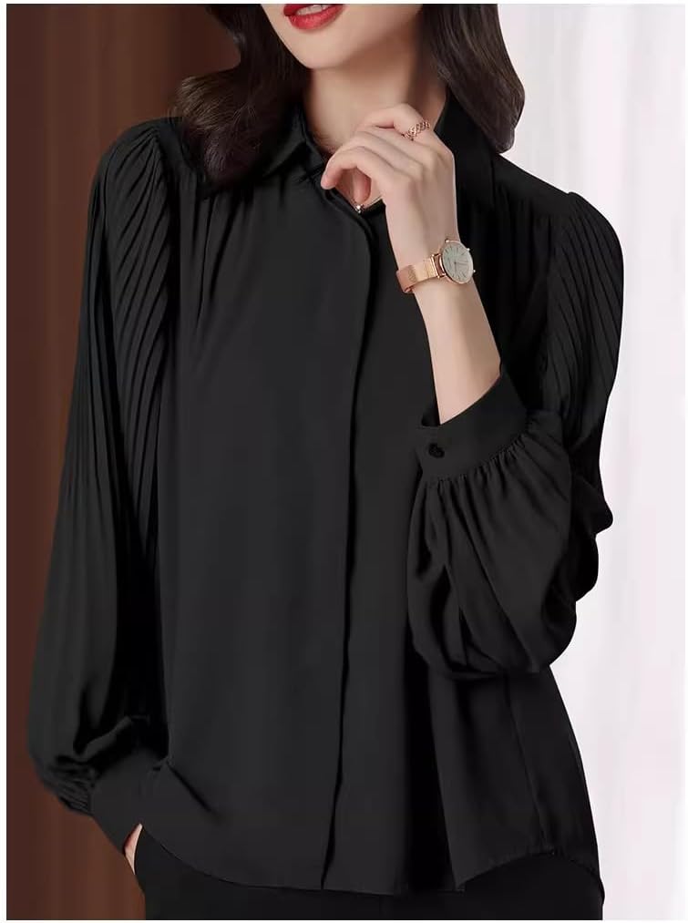 Shirt for Women Spring Clothes Black Chiffon Shirt Pleated Large Size top White Womens - Image 8
