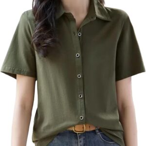 Turn-Down Collar Solid Color Short Sleeve Button Up Women's Clothing Cardigan Shirt Casual Fashionable Tops