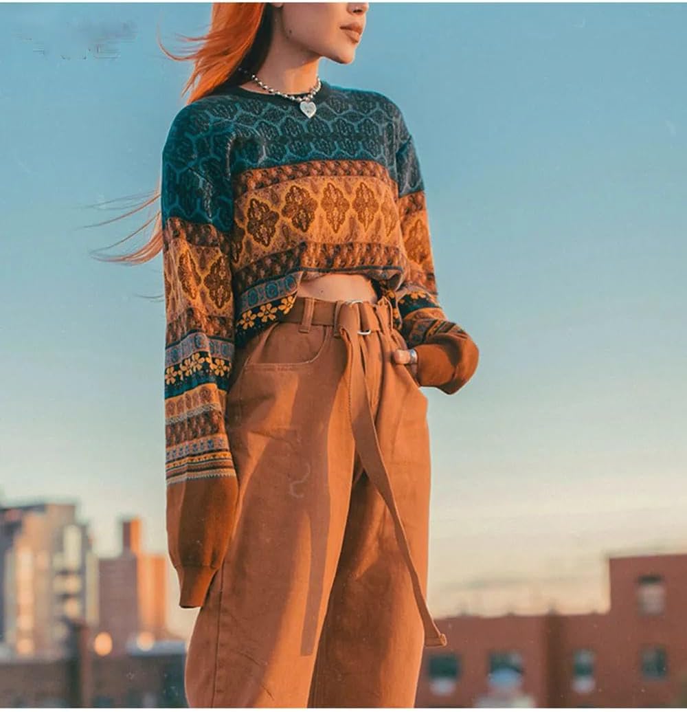 Woman Short Sweater Retro Chic Color Winter Young Girls Warm Clothing Pattern Pullover Women - Image 4