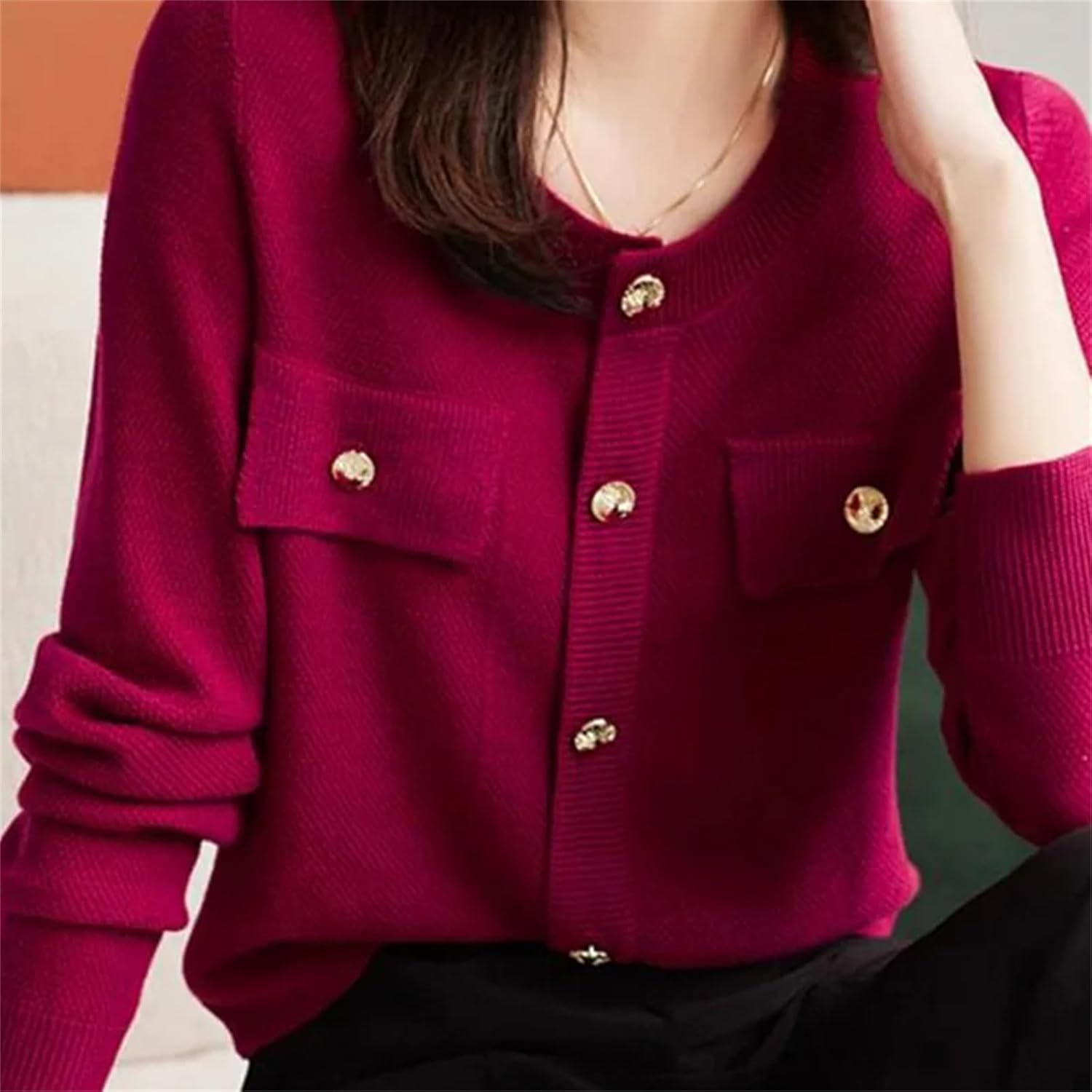 Women Fashion Button Solid Color Knitting Women Clothes Elegant Sweater Cardigan Long Sleeve O-Neck Top - Image 3