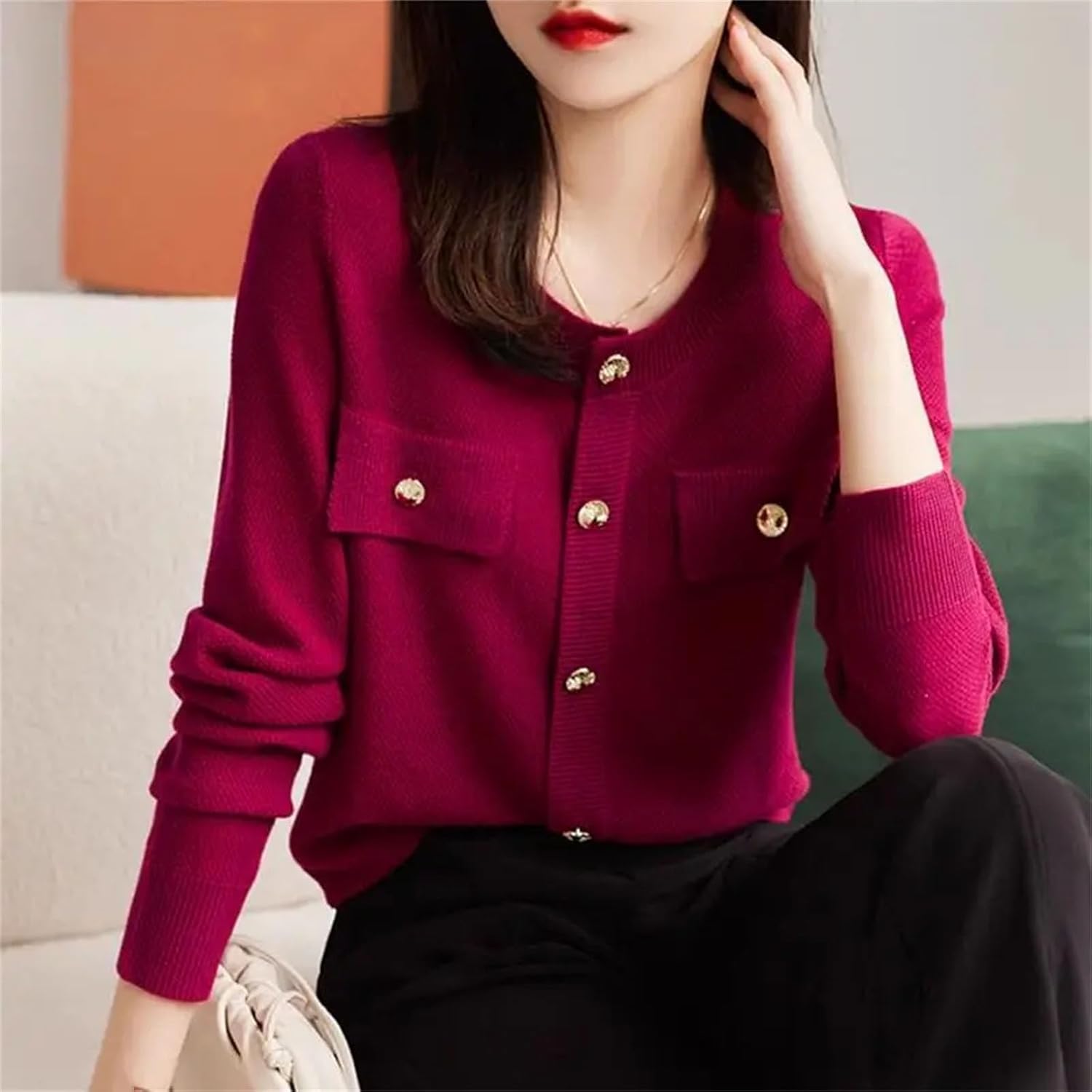 Women Fashion Button Solid Color Knitting Women Clothes Elegant Sweater Cardigan Long Sleeve O-Neck Top - Image 2