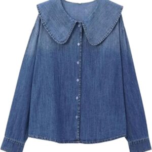 Women Fashion Casual Denim Shirt Chic Collar Three Quarter Button Top Blouses Female Clothing