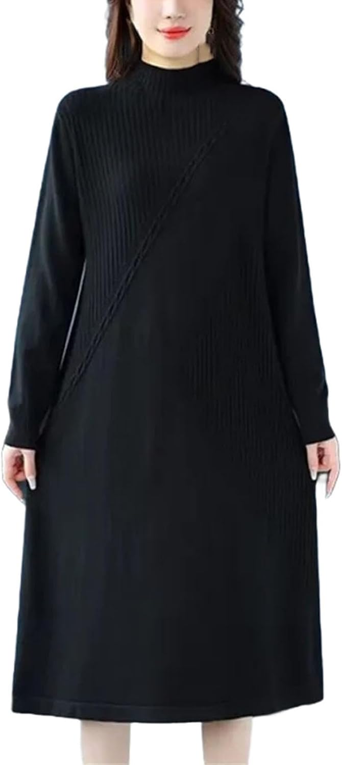 Women Fashion Patchwork Elegant Knit Dress Winter Clothes Half High Collar Slim Female Bottom Sweater Dresses