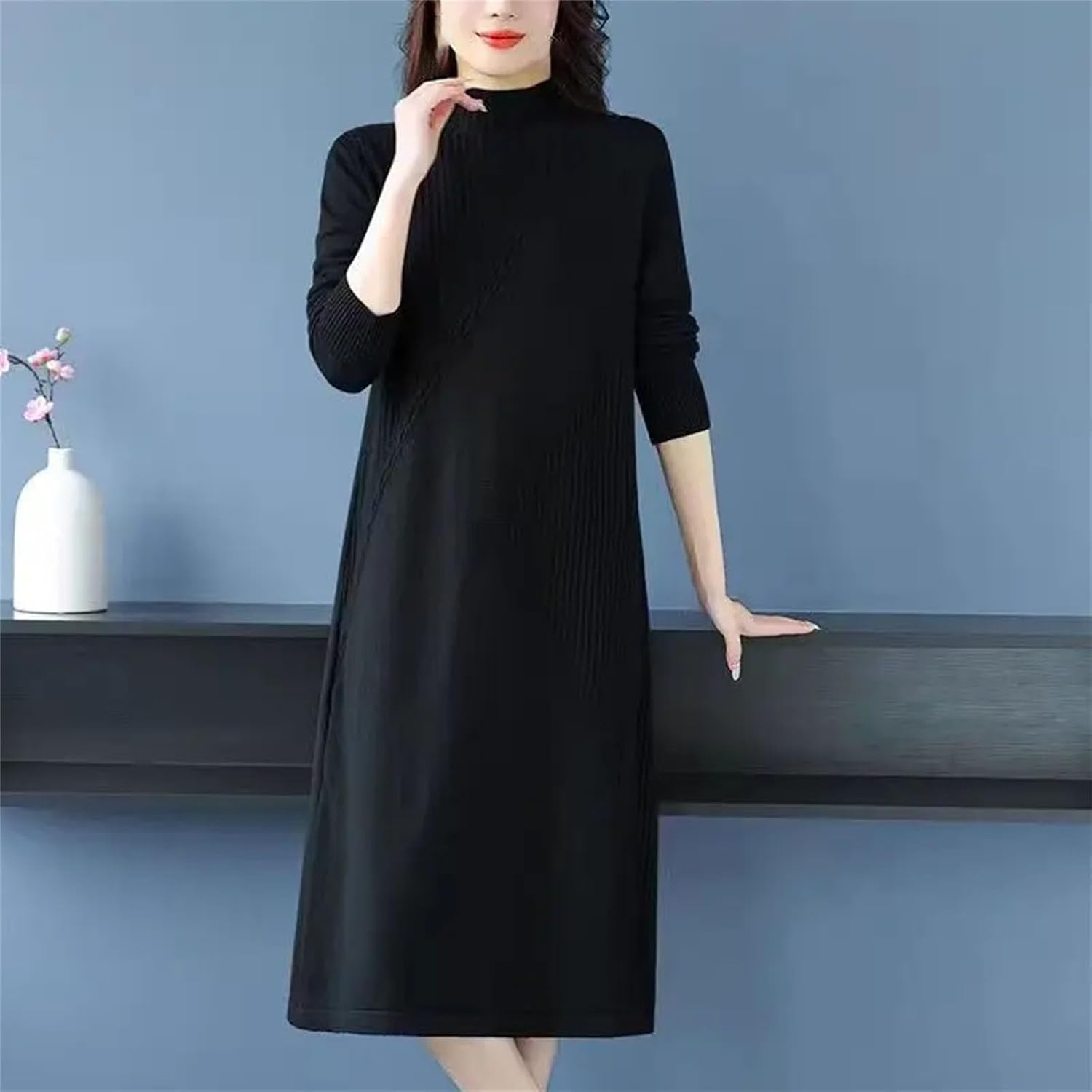Women Fashion Patchwork Elegant Knit Dress Winter Clothes Half High Collar Slim Female Bottom Sweater Dresses - Image 3
