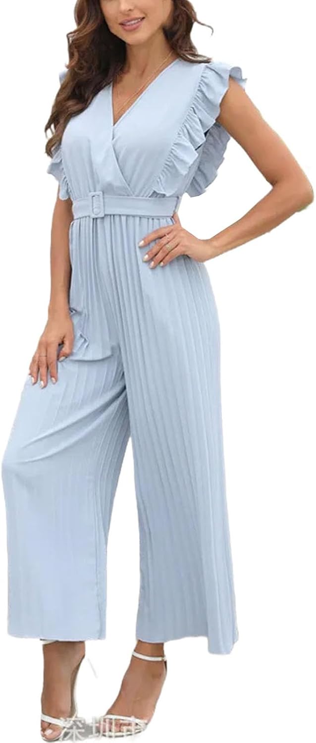 Women Jumpsuit Fashion V-neck Wide Leg Pants Solid Ruffles Sleeveless Clothing Jumpsuits - Image 8