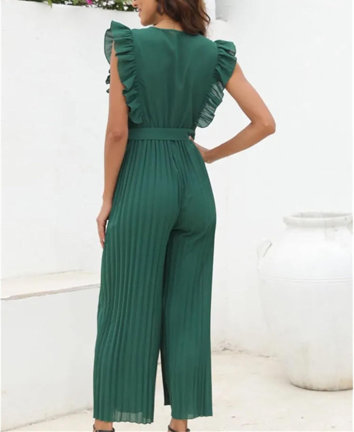 Women Jumpsuit Fashion V-neck Wide Leg Pants Solid Ruffles Sleeveless Clothing Jumpsuits - Image 7