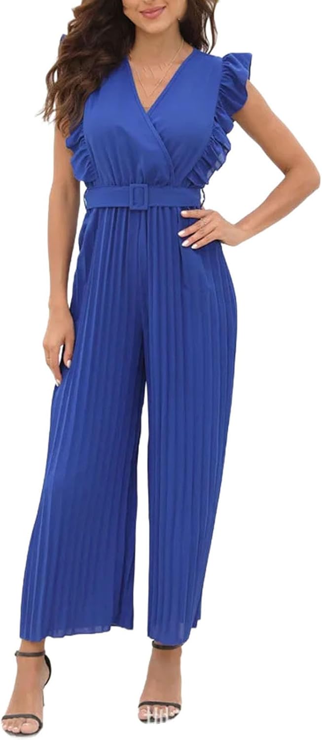 Women Jumpsuit Fashion V-neck Wide Leg Pants Solid Ruffles Sleeveless Clothing Jumpsuits