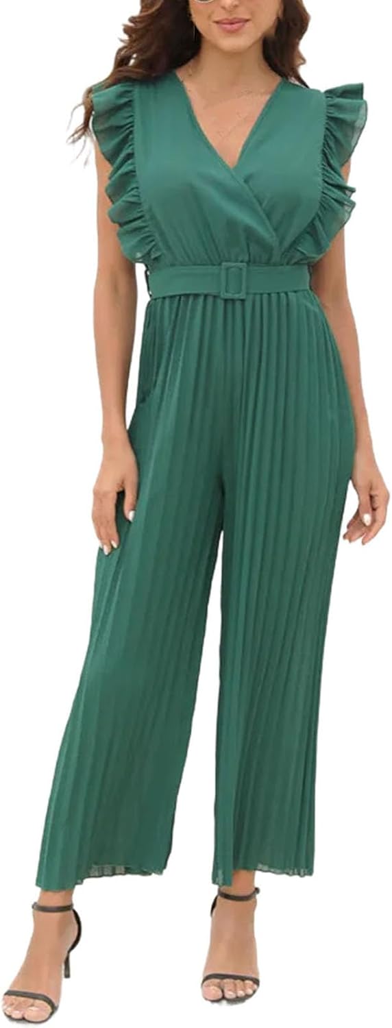 Women Jumpsuit Fashion V-neck Wide Leg Pants Solid Ruffles Sleeveless Clothing Jumpsuits - Image 9