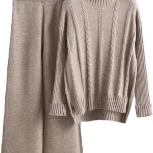 Women Loose Knitted Pants Set Half High Collar Sweater Wide Leg Pants Fashion Clothes Winter Two Piece Set
