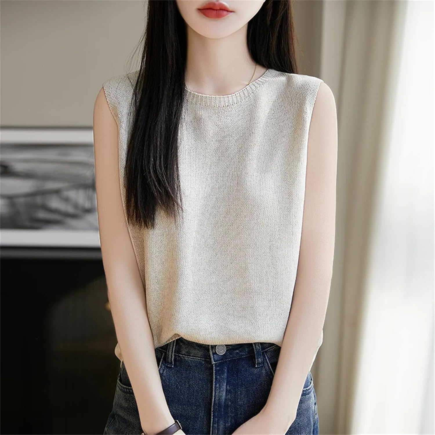 Women Thin Fine Spun Sleeveless T-Shirt O-Neck Solid Color Top Women' s Clothes Fashion Casual Sleeveless Sweater - Image 3
