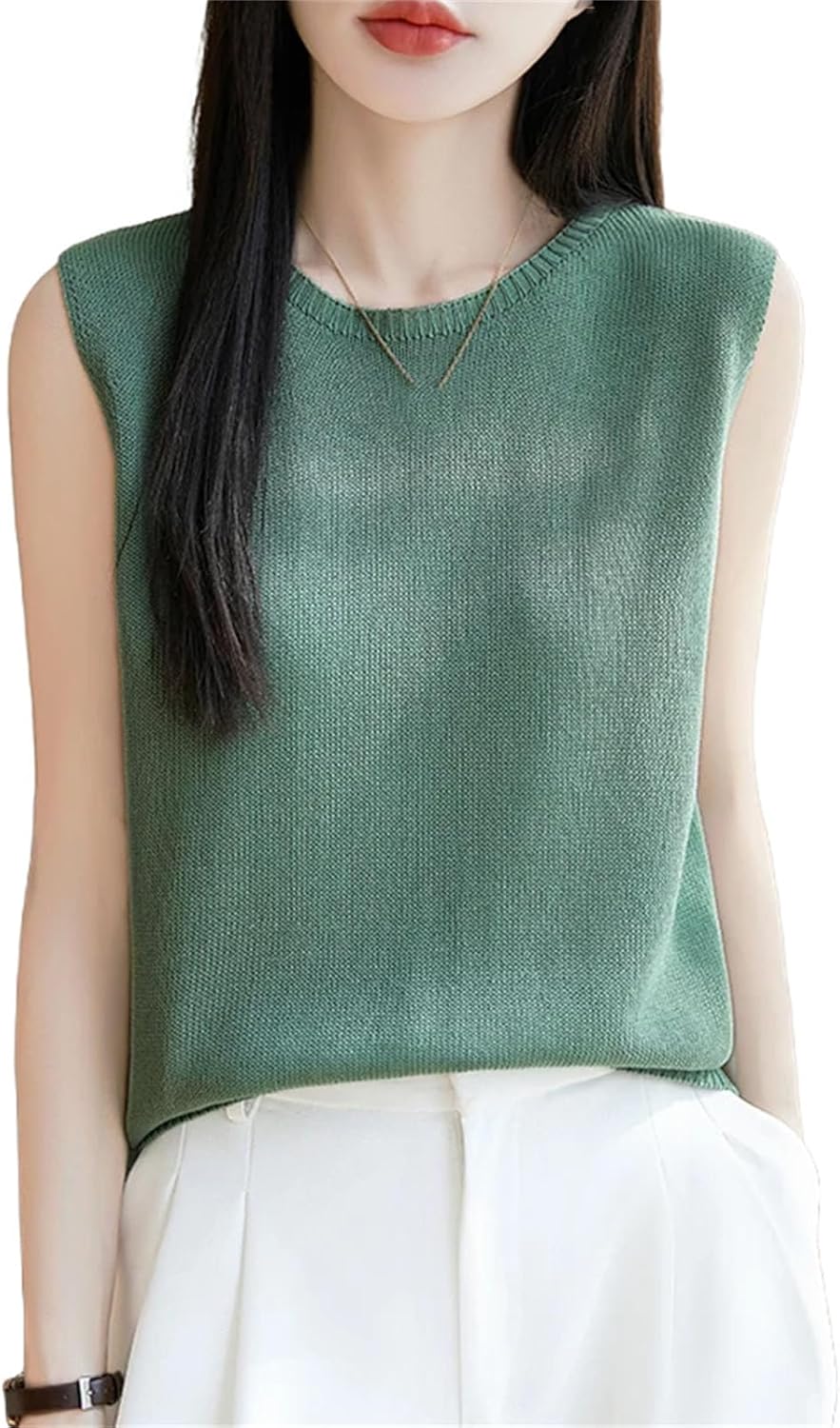 Women Thin Fine Spun Sleeveless T-Shirt O-Neck Solid Color Top Women' s Clothes Fashion Casual Sleeveless Sweater - Image 7