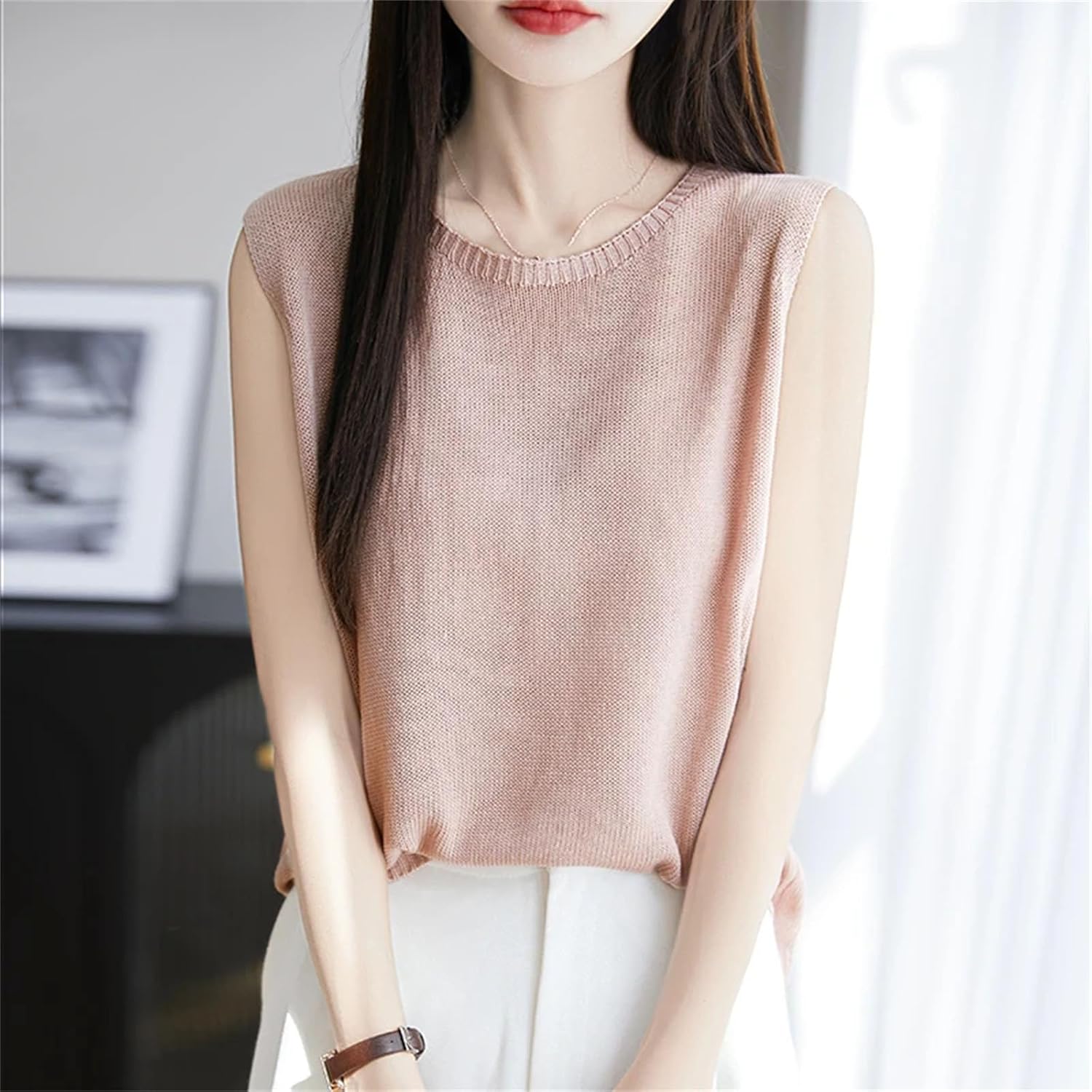 Women Thin Fine Spun Sleeveless T-Shirt O-Neck Solid Color Top Women' s Clothes Fashion Casual Sleeveless Sweater - Image 5