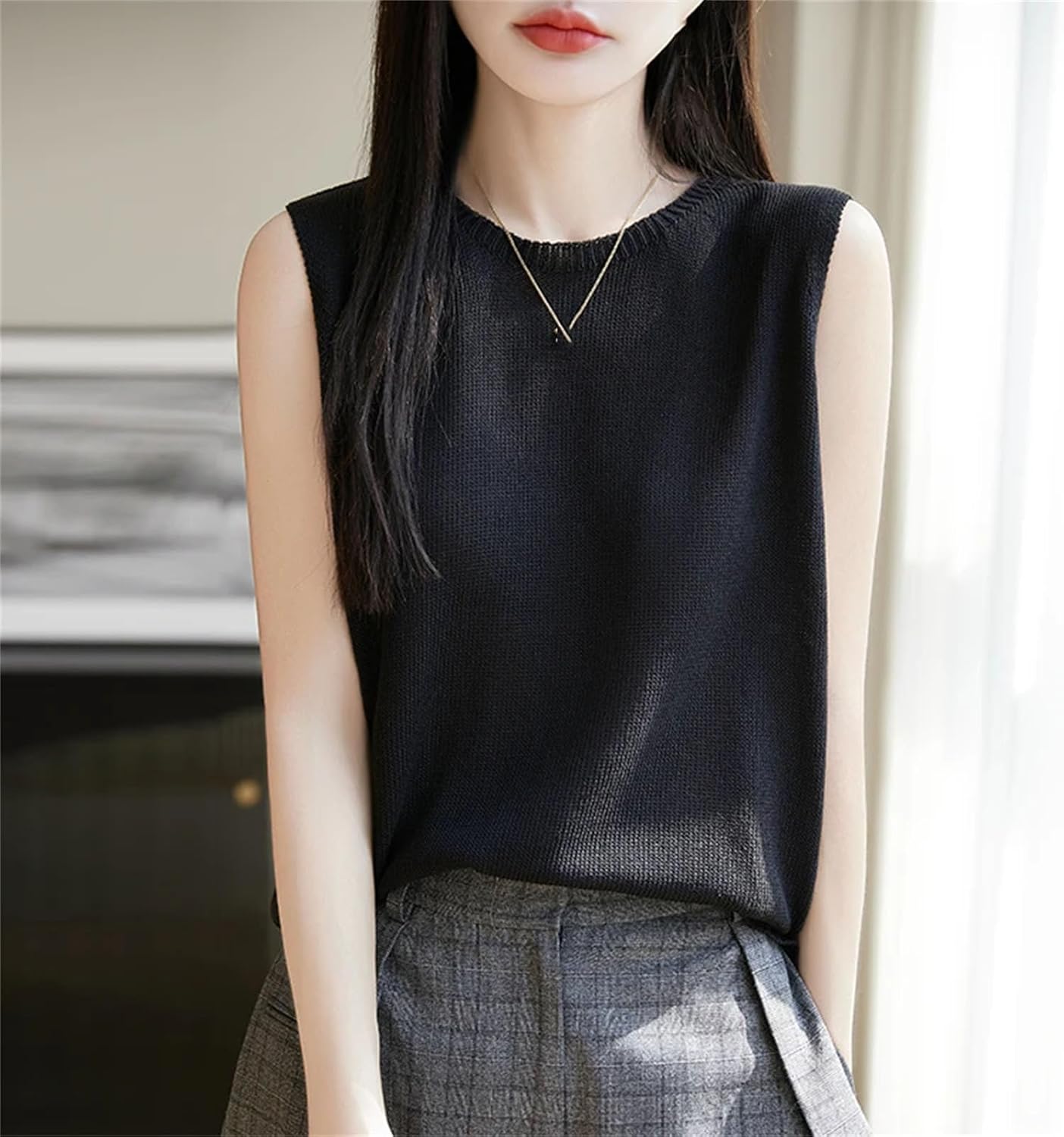 Women Thin Fine Spun Sleeveless T-Shirt O-Neck Solid Color Top Women' s Clothes Fashion Casual Sleeveless Sweater - Image 2