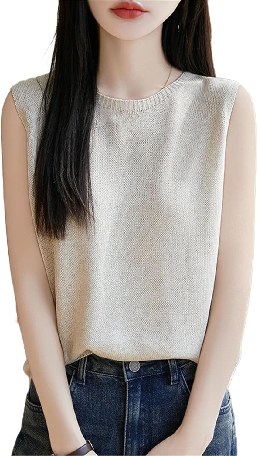 Women Thin Fine Spun Sleeveless T-Shirt O-Neck Solid Color Top Women' s Clothes Fashion Casual Sleeveless Sweater - Image 9
