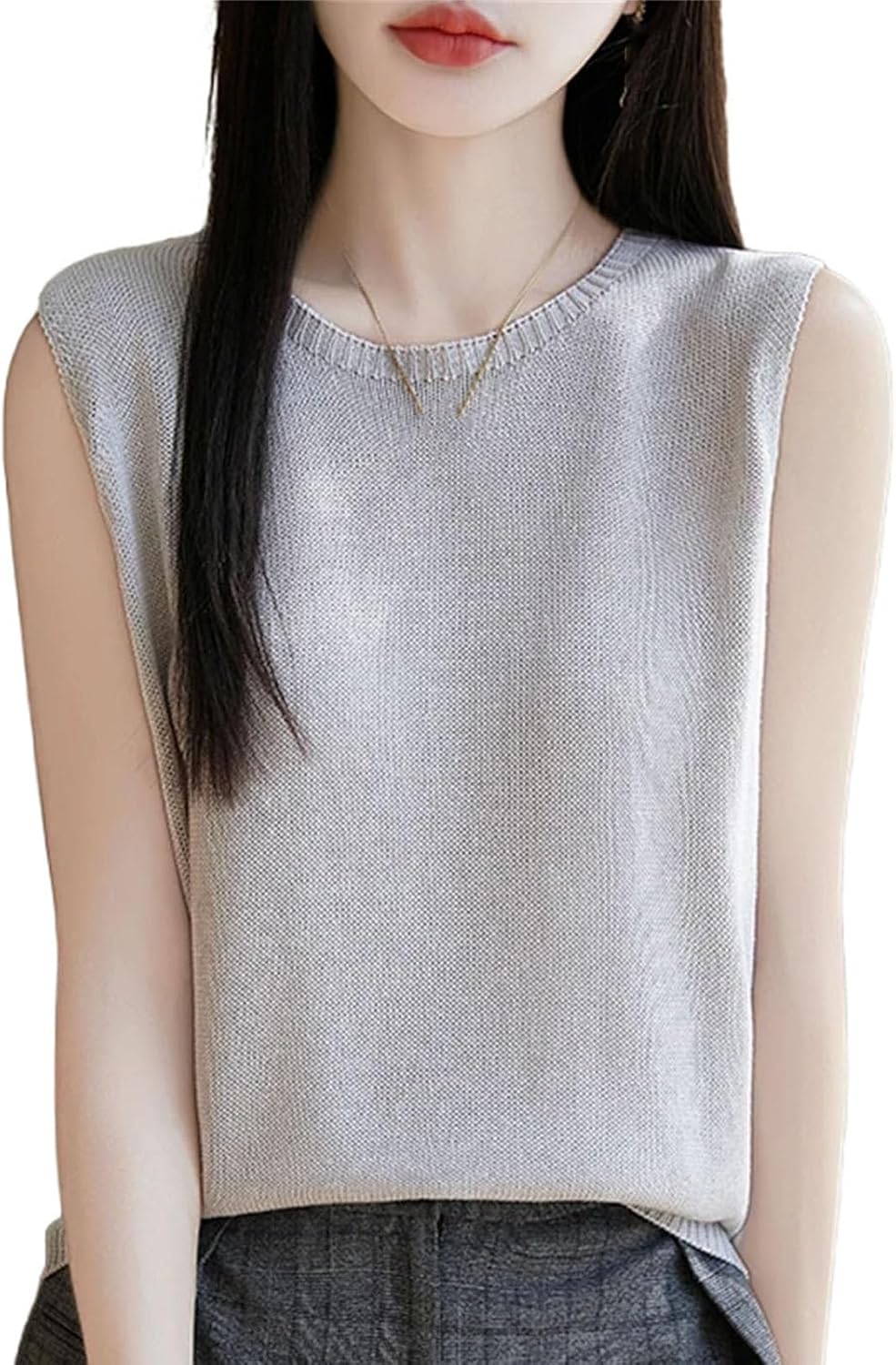 Women Thin Fine Spun Sleeveless T-Shirt O-Neck Solid Color Top Women' s Clothes Fashion Casual Sleeveless Sweater