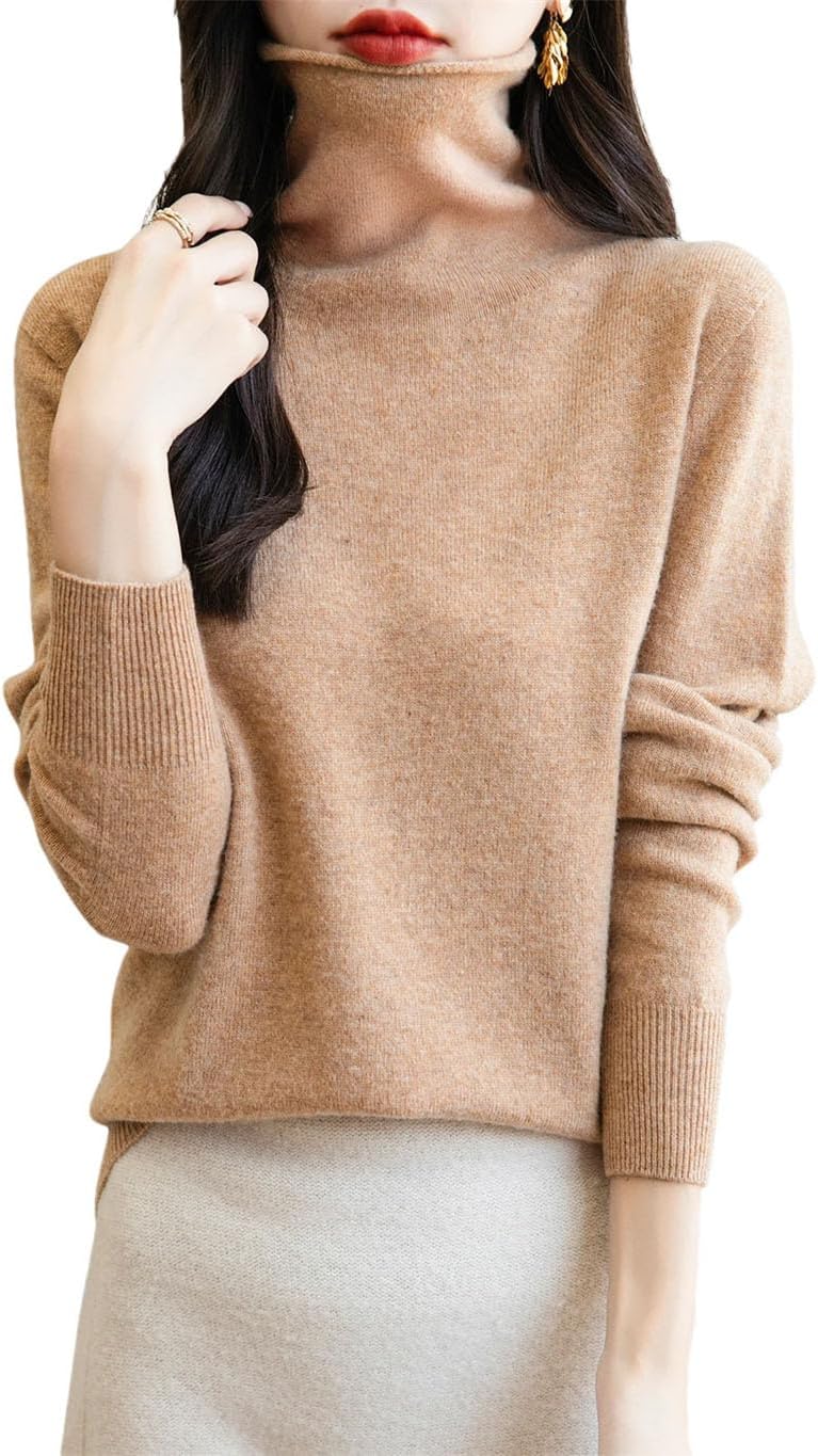 Women's 100% Merino Wool Sweater Long Sleeve Turtleneck Tops Vintage Knitted Pullover Fashion Clothing